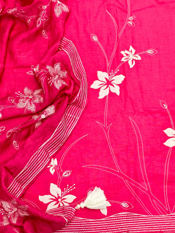 Beautifully Detailed Elegant Unstitched Cotton Suit Set in Hot Pink