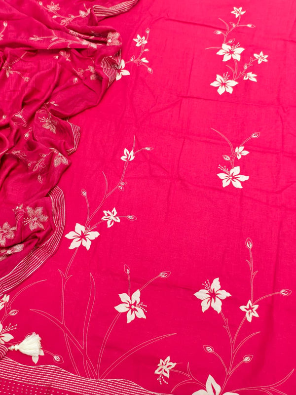 Beautifully Detailed Elegant Unstitched Cotton Suit Set in Hot Pink