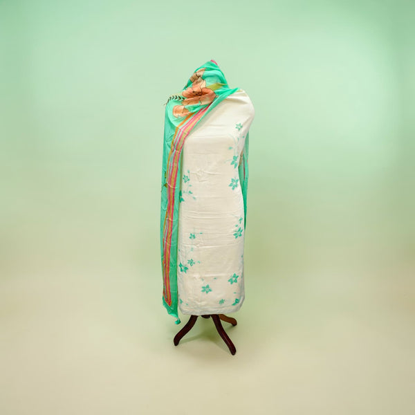 Beautifully Thread Crafted Pure Cotton Unstitched Suit Set(White & Sea Green).