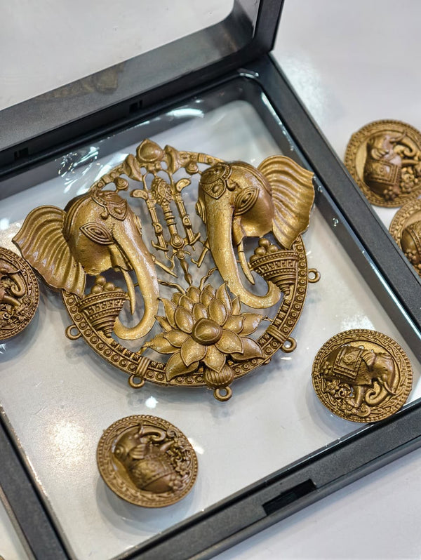 Antique Gold Elephant Motif Brooch with Decorative Button Accents