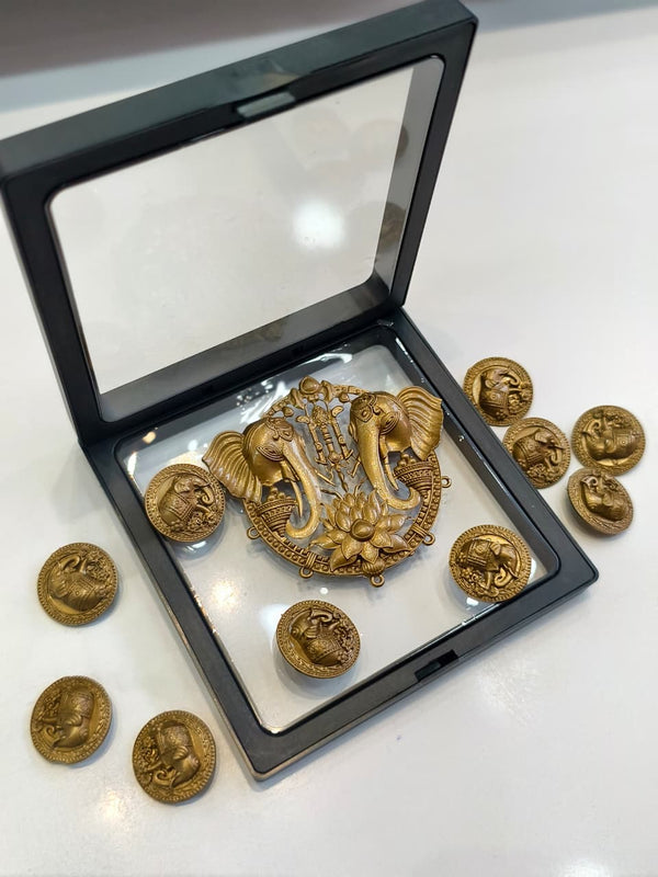 Antique Gold Elephant Motif Brooch with Decorative Button Accents
