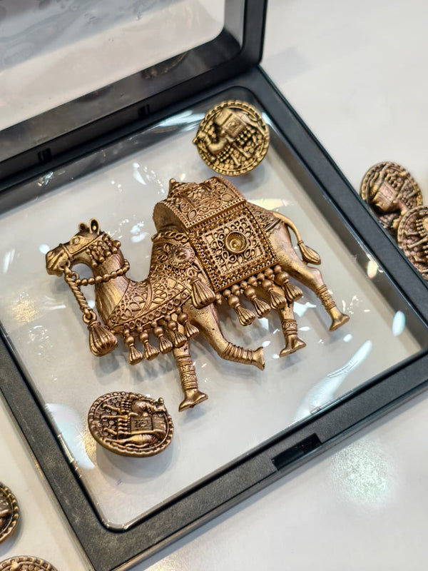 Antique Gold Camel Motif Brooch with Decorative Button Set