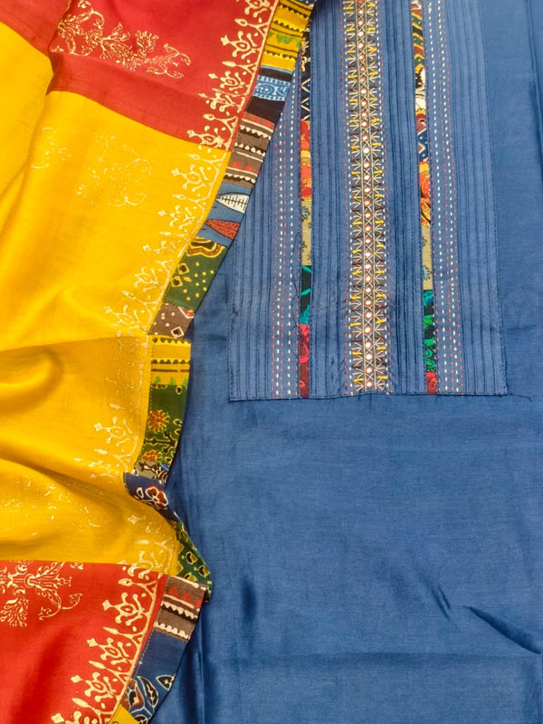 Elegant Pure Bhagalpuri Silk Unstitched Suit In Rich Navy.