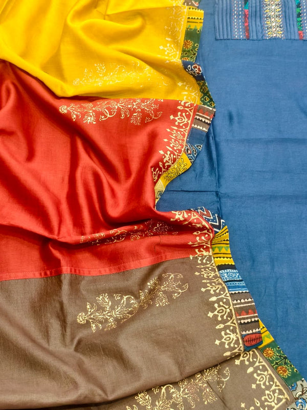 Elegant Pure Bhagalpuri Silk Unstitched Suit In Rich Navy.