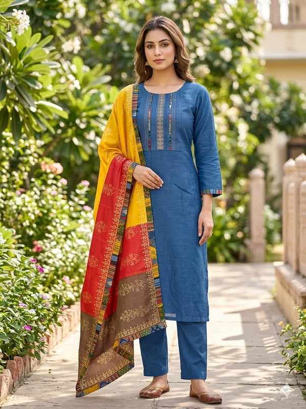 Elegant Pure Bhagalpuri Silk Unstitched Suit In Rich Navy.