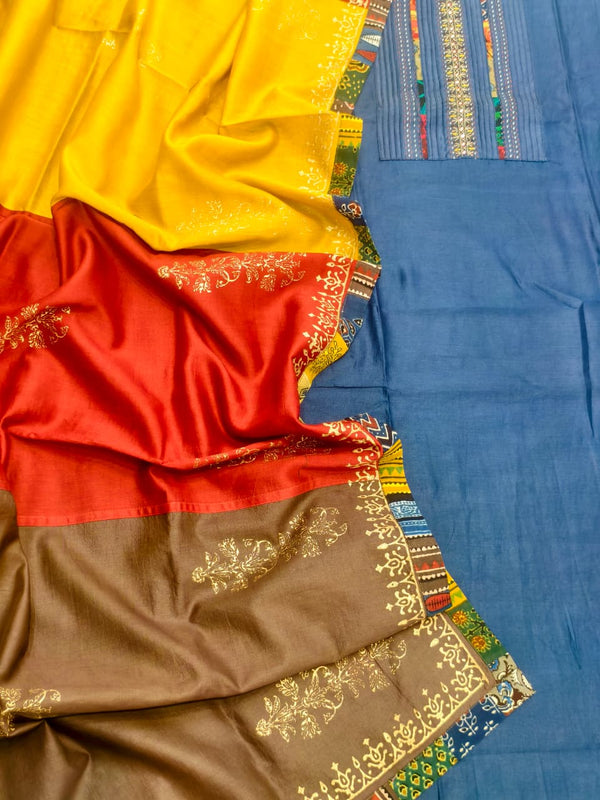 Elegant Pure Bhagalpuri Silk Unstitched Suit In Rich Navy.