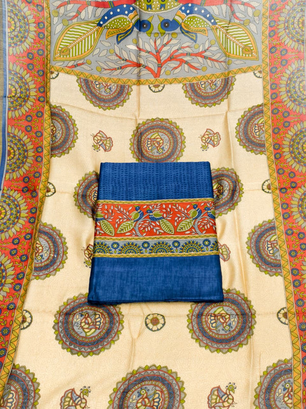 Exquisite Unstitched Suit Set Crafted in Luxurious Pure Maheshwari Silk Fabric (Royal Blue).