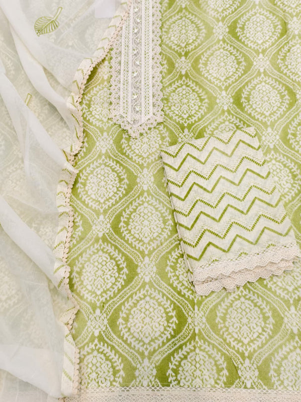 Pure Cotton Unstitched Suit Set in Lime and White