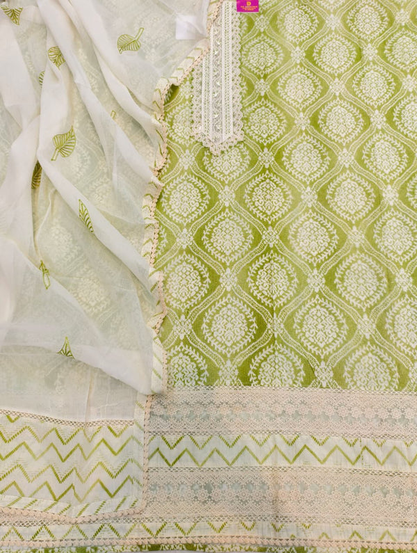 Pure Cotton Unstitched Suit Set in Lime and White