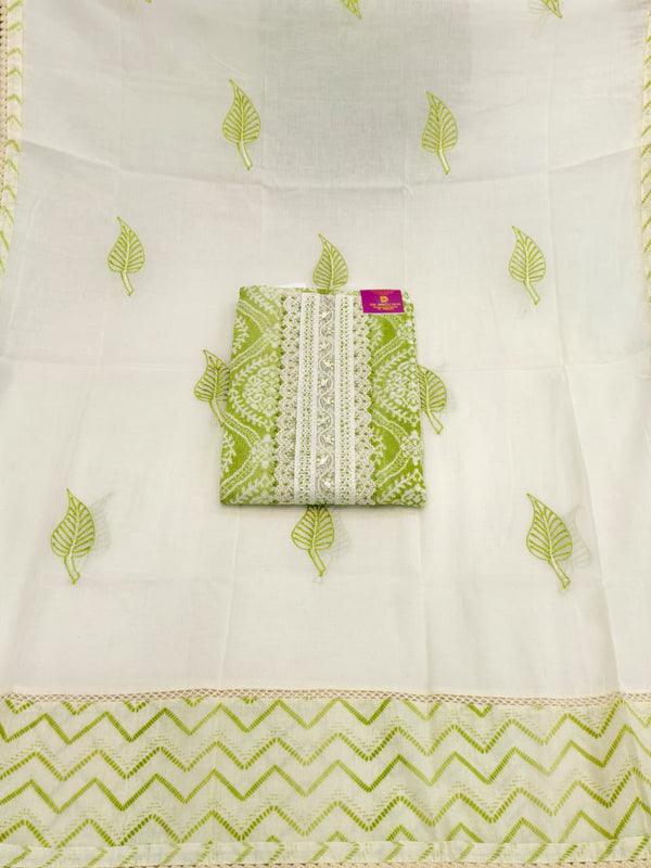 Pure Cotton Unstitched Suit Set in Lime and White