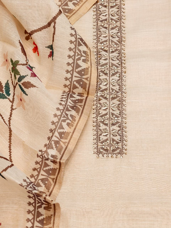 Elegant Shimmer Linen Unstitched Suit Set with Pure Silk Bottom with Printed Linen Dupatta(Ivory).)