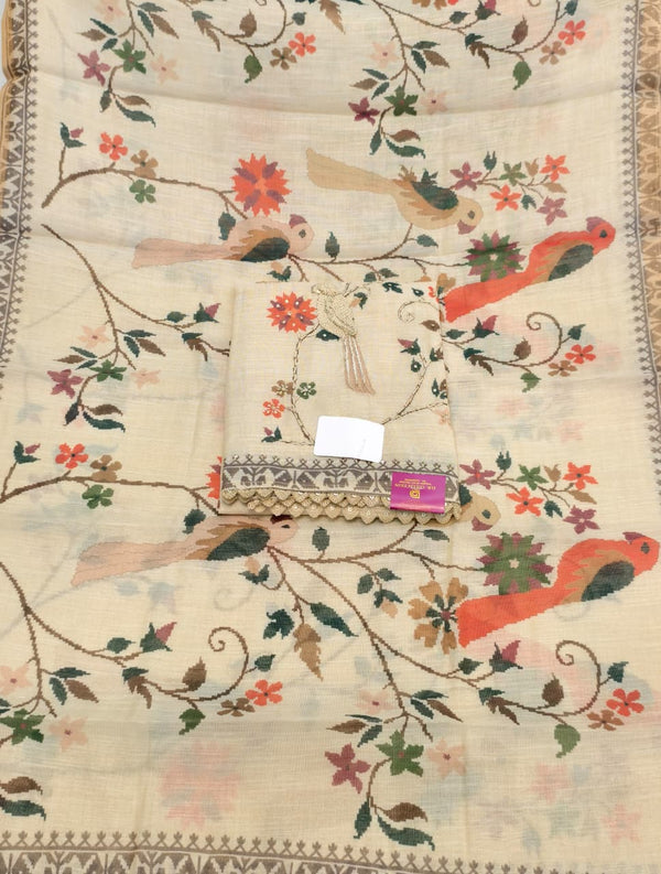 Elegant Shimmer Linen Unstitched Suit Set with Pure Silk Bottom with Printed Linen Dupatta(Ivory).)