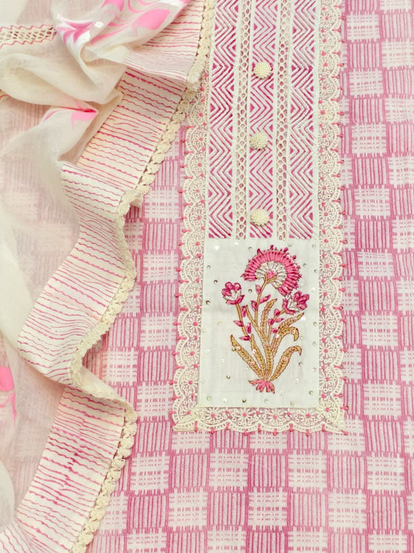 Pretty in Pink Pure Cotton Unstitched Suit Set with Pure Cotton Bottom and Brush Print Cotton Dupatta