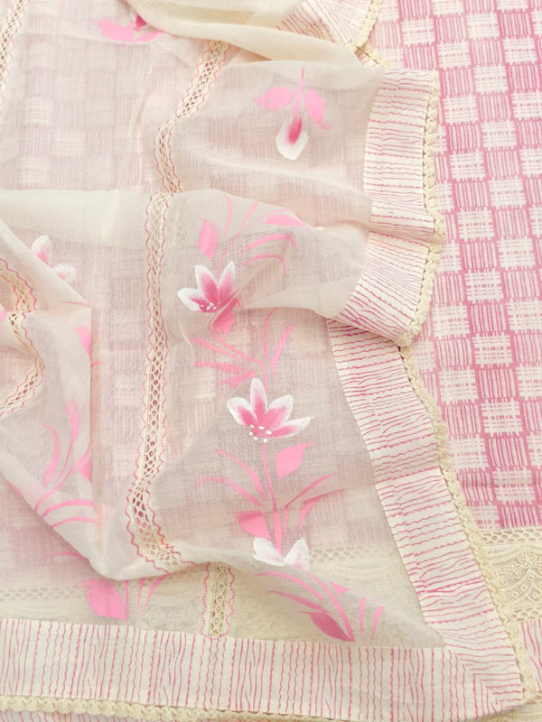 Pretty in Pink Pure Cotton Unstitched Suit Set with Pure Cotton Bottom and Brush Print Cotton Dupatta