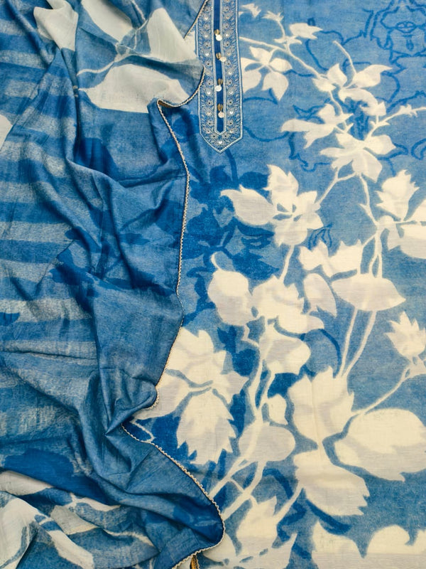 Pure Mahen Mul Mul Cotton Unstitched Suit Set (Indigo).