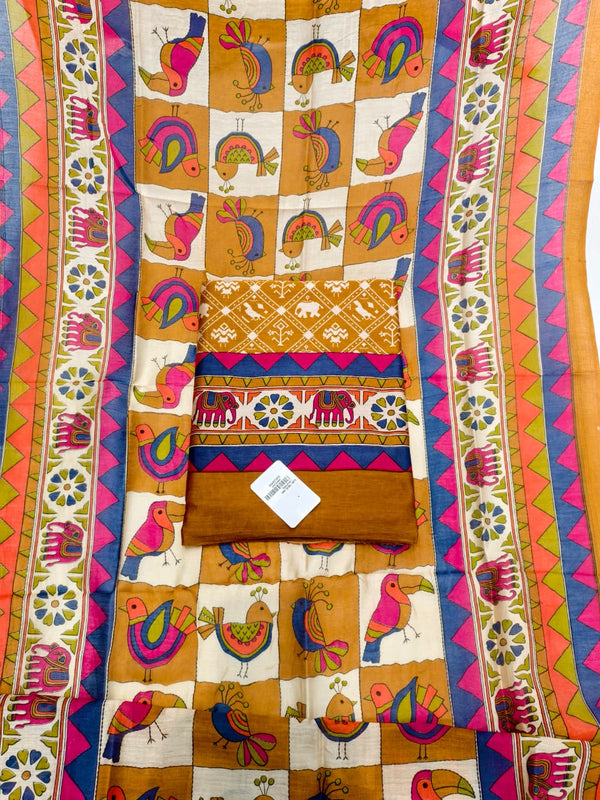 Vibrant Maheshwari Silk Unstitched Suit Set with Artistic Printed Dupatta