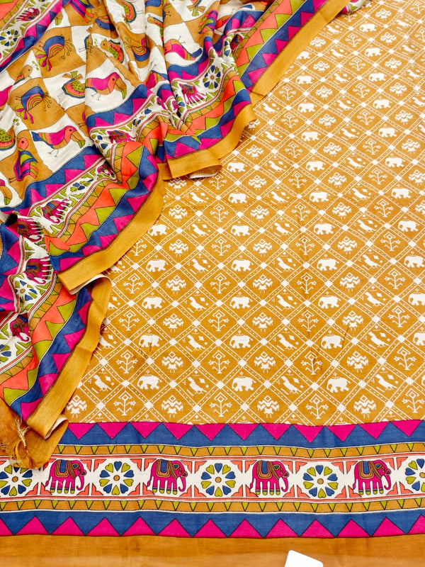 Vibrant Maheshwari Silk Unstitched Suit Set with Artistic Printed Dupatta