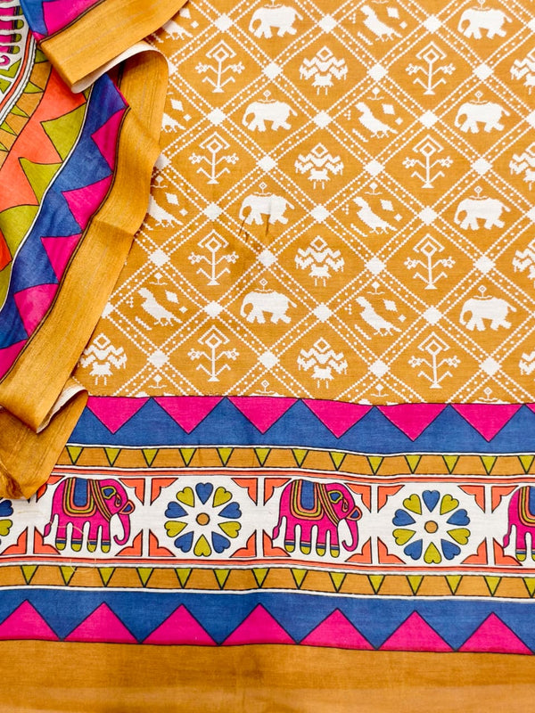 Vibrant Maheshwari Silk Unstitched Suit Set with Artistic Printed Dupatta