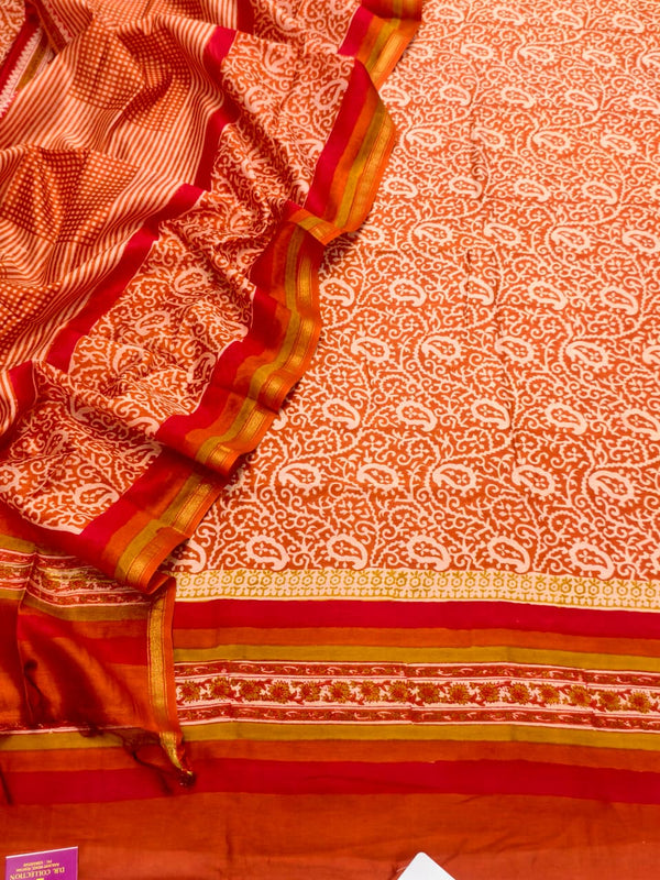 Rich Shades of Rust Orange Pure Maheshwari Silk Unstitched Suit Set