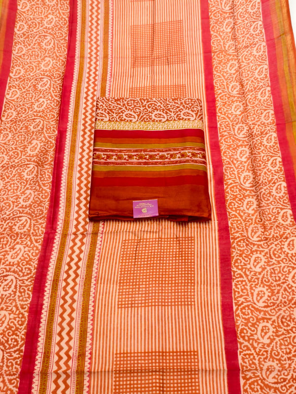 Rich Shades of Rust Orange Pure Maheshwari Silk Unstitched Suit Set