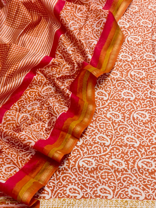 Rich Shades of Rust Orange Pure Maheshwari Silk Unstitched Suit Set