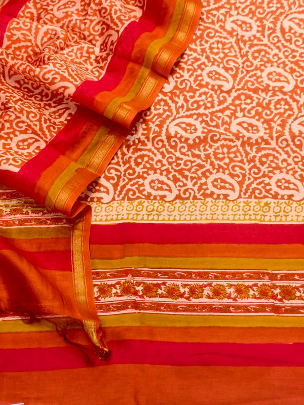 Rich Shades of Rust Orange Pure Maheshwari Silk Unstitched Suit Set