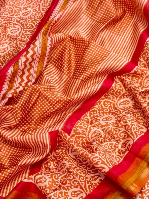 Rich Shades of Rust Orange Pure Maheshwari Silk Unstitched Suit Set