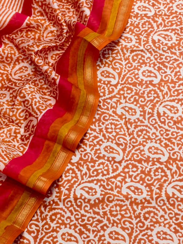 Rich Shades of Rust Orange Pure Maheshwari Silk Unstitched Suit Set