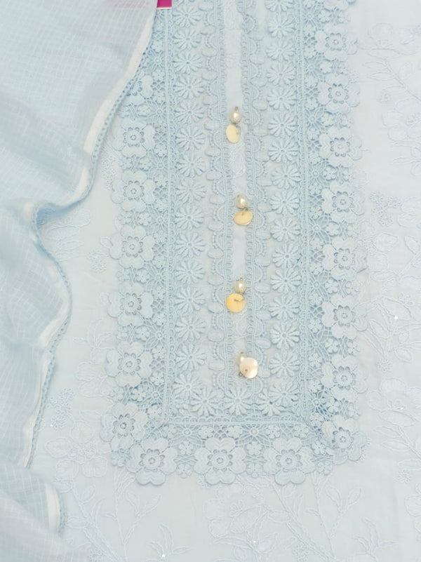 Pure Cotton Lucknowi Chikankari Unstitched Suit Set (Powder Blue)