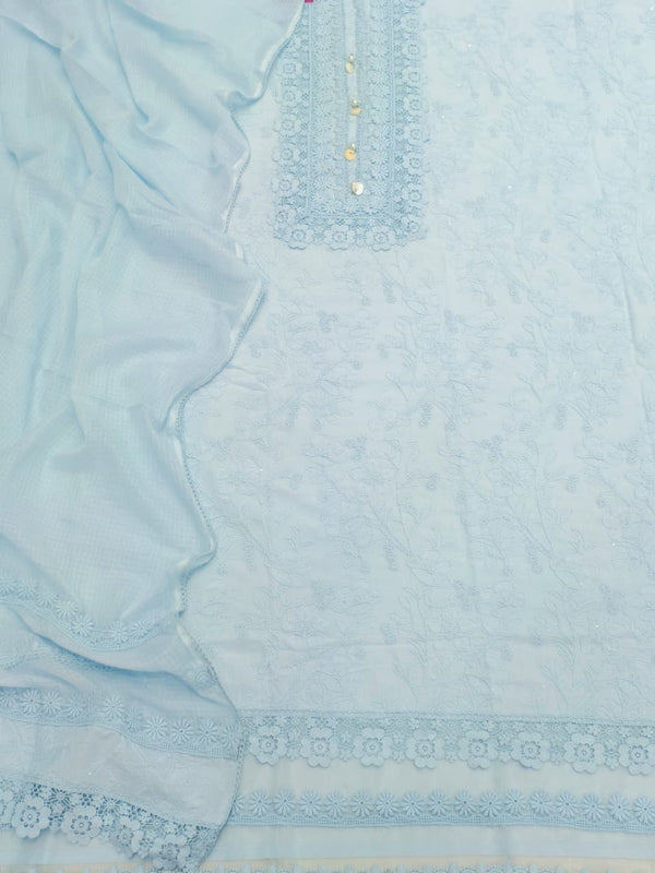 Pure Cotton Lucknowi Chikankari Unstitched Suit Set (Powder Blue)