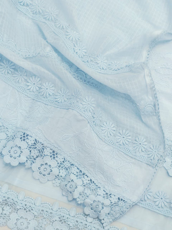 Pure Cotton Lucknowi Chikankari Unstitched Suit Set (Powder Blue)