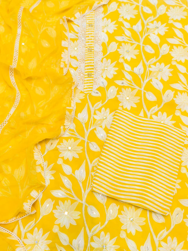 Stunning Neon Yellow Pure Cotton Unstitched Suit Set GotaPatti Work