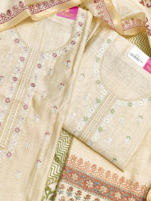 Mul Chanderi Unstitched Suit Set in Rose Pink