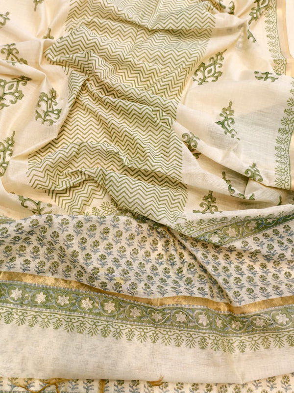 Pure Mul Chanderi Unstitched Suit Set in Sage Green