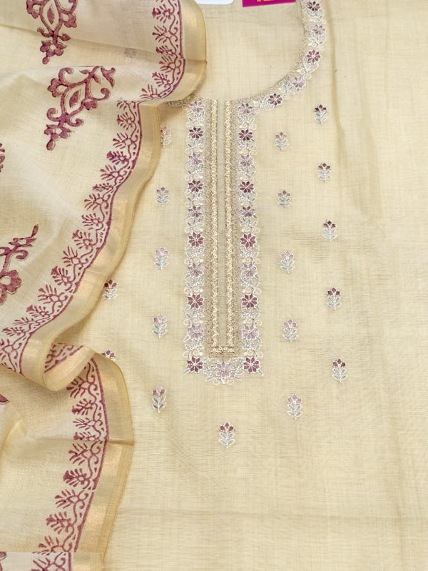 Pure Mul Chanderi Unstitched Suit Set In Wine Berry