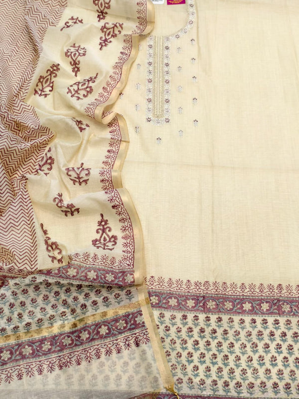 Pure Mul Chanderi Unstitched Suit Set In Wine Berry