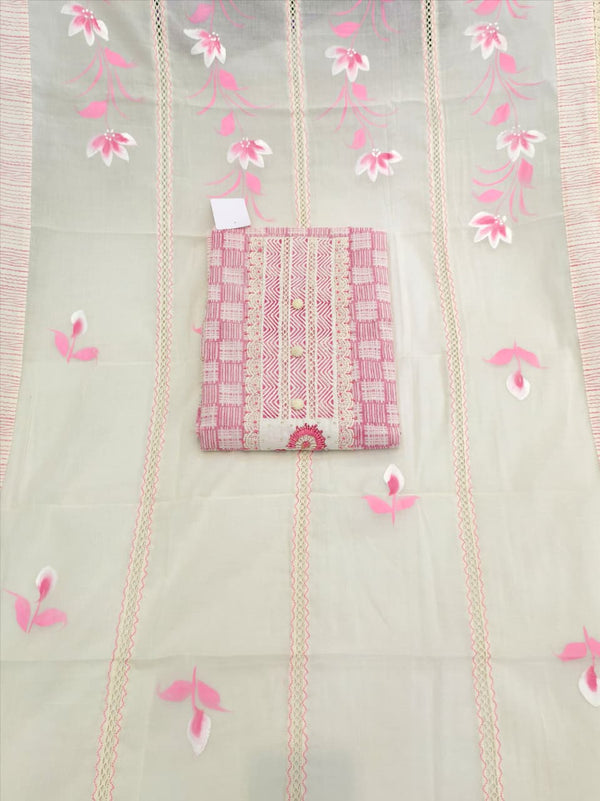 Pretty in Pink Pure Cotton Unstitched Suit Set with Pure Cotton Bottom and Brush Print Cotton Dupatta